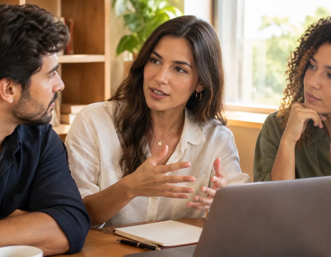 Participantes conversam de pé entre as estantes pouco antes de o encontro começar
