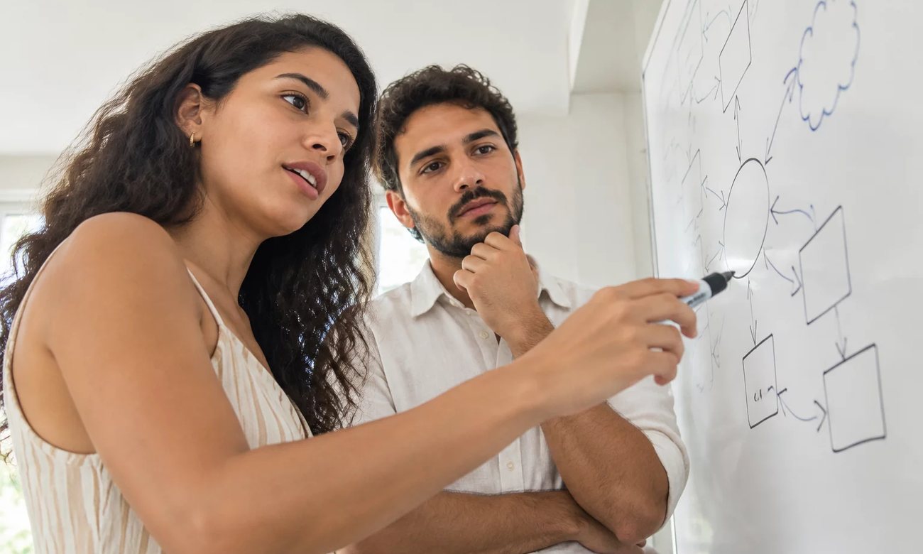 Duas pessoas de pé diante do quadro branco, desenhando o esqueleto de um argumento